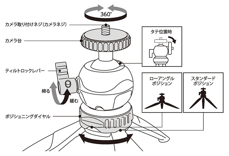 雲台はガッチリ止まるレバー式